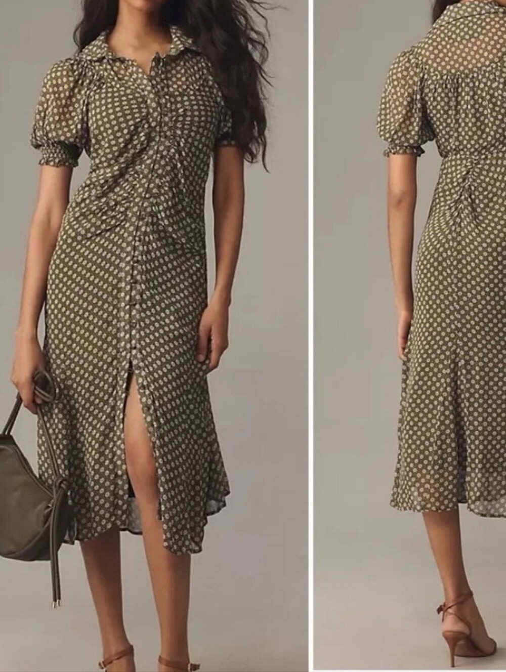NWT Anthropologie Olive Dot Midi Shirt Dress with Puff Sleeves Size 6